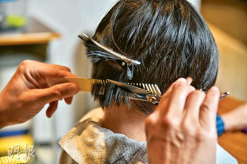 後方（一）——把頭髮分為兩份或多份，先剪第一部分的頭髮，其他部分夾起。剪法是用剪髮梳疏齒部分梳起要剪的頭髮，剪出大概想要形狀。接着把第二份頭髮放下，夾起其他部分的頭髮，重複上面步驟（黃志東攝）