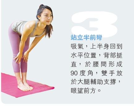  4．低弓步式：呼氣，右腳踏後至膝及地；吸氣，雙手放於後腰與臀部之間，並盡量向下壓（保持姿勢呼吸5至10組）。